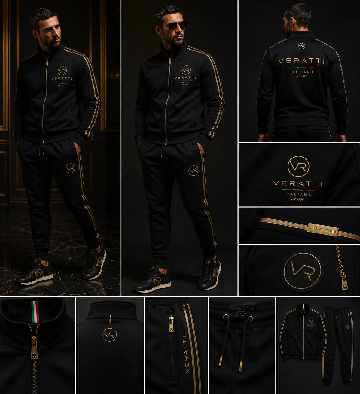 VERATTI black tracksuit campaign and detail montage